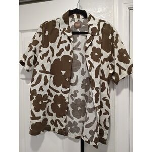 Common People Mens Button Up Short Sleeve Shirt Abstract Floral Brown White M